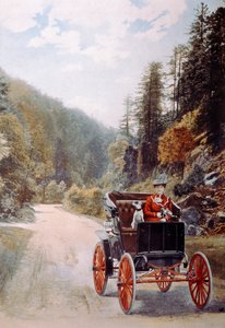 Postcard depicting a smiling woman driver seated with a dog in an early motor car, c.1910